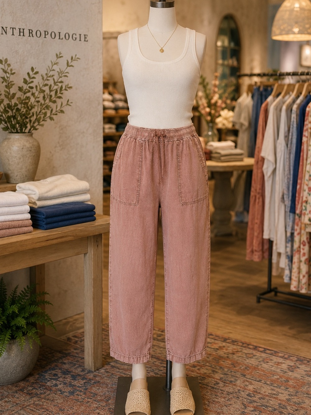Pilcro Linen Blend Barrel Crop Pants Pink Elastic Waist L Anthropologie